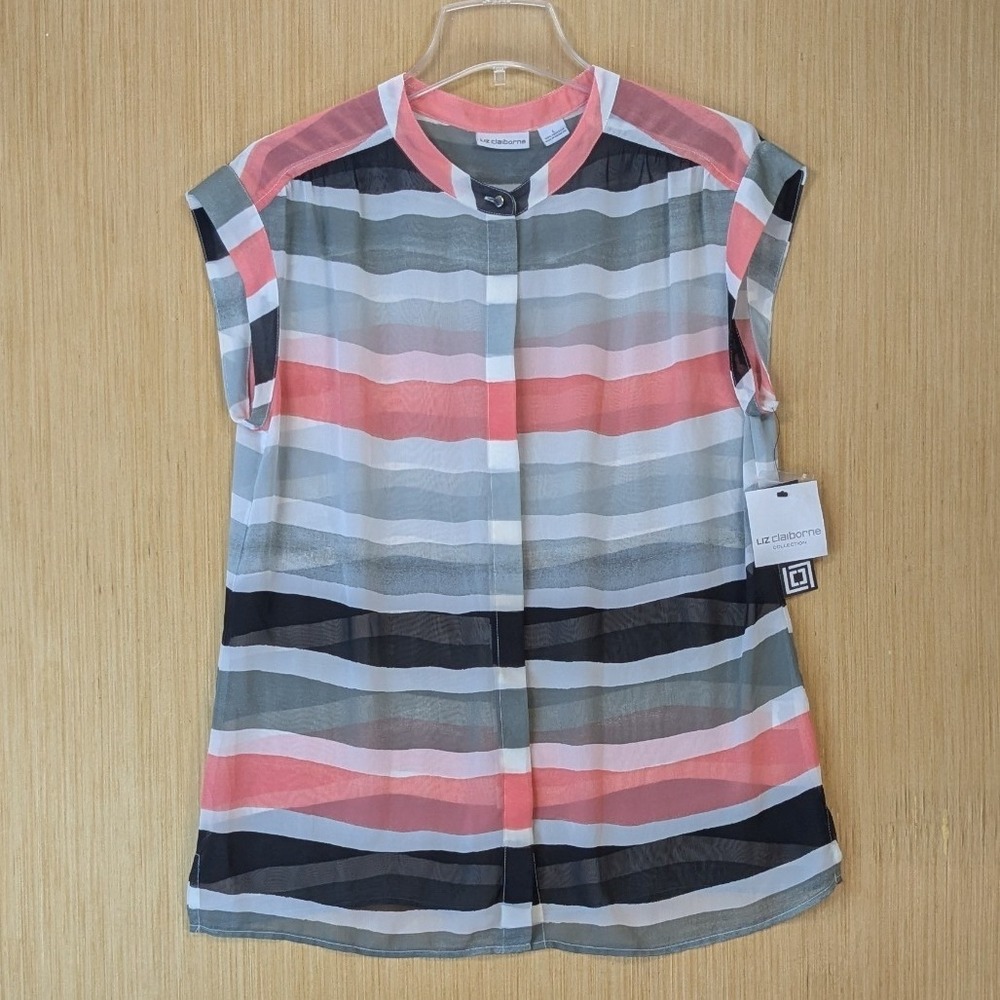 Liz Claiborne Minimalist Chic Pink Grey Striped Chiffon Sheer Blouse‎ Large NEW